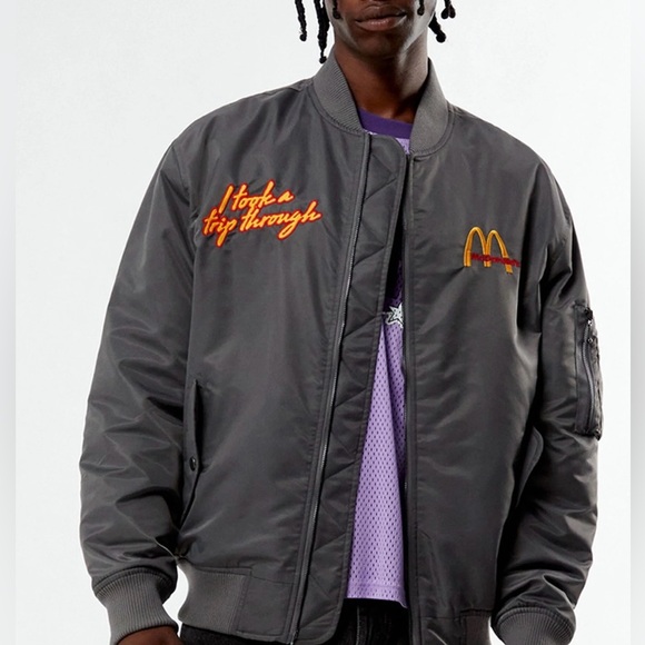 McDonald's Themed Charcoal Bomber Jacket Mens XL - Picture 2 of 3